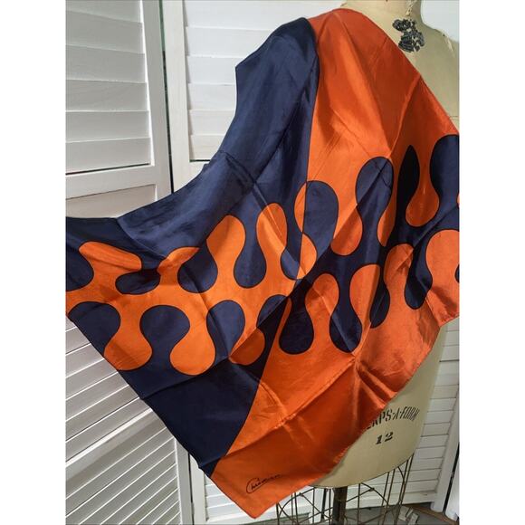 Vintage 26” Square Geometric Abstract Christian Orange Black Satin Scarf - Picture 2 of 6